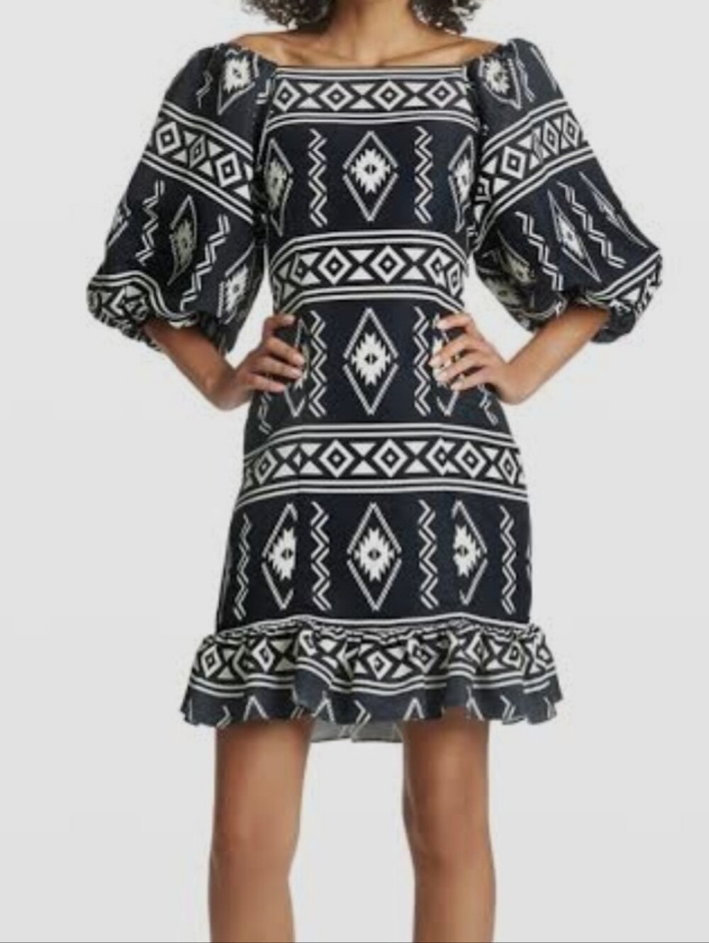 Sachin + Babi Black & White Aztec Off-Shoulder Mini Dress